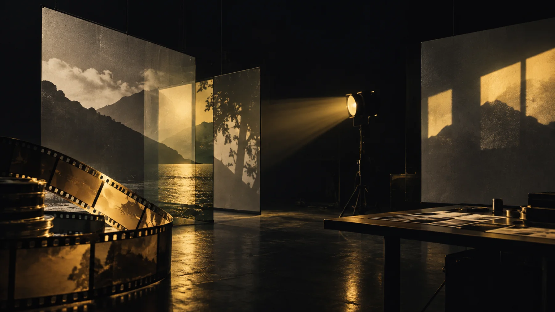 A dark film studio with projected landscapes, film strips and warm yellow light